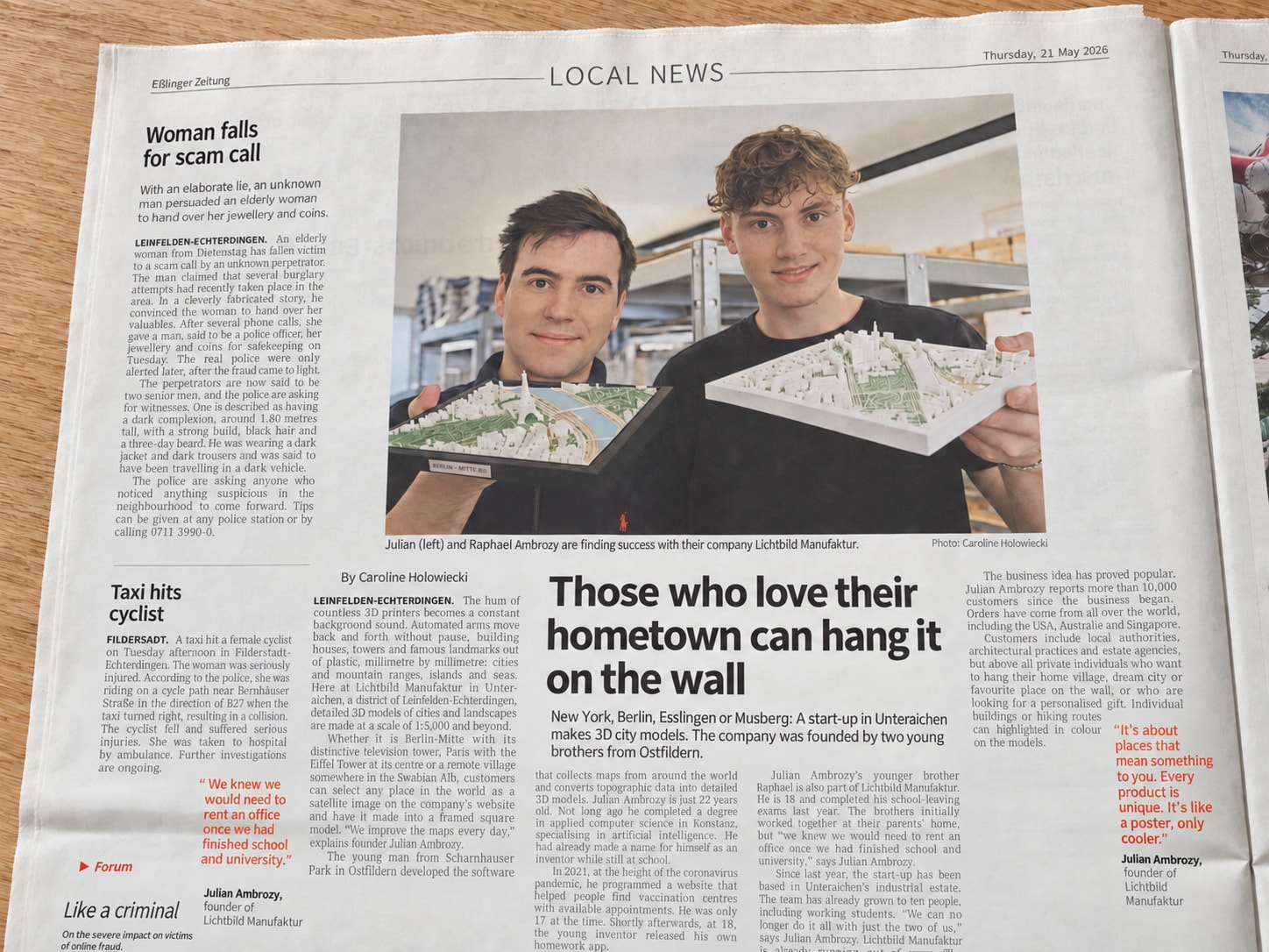 Newspaper article about Lichtbild: Julian and Raphael Ambrozy with their 3D city models